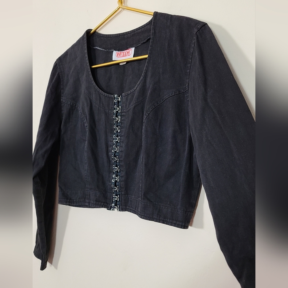 Black Hook-Front Cropped Bolero Jacket M Punk Goth Grunge Rockstar Biker Gf‎ - Picture 2 of 5